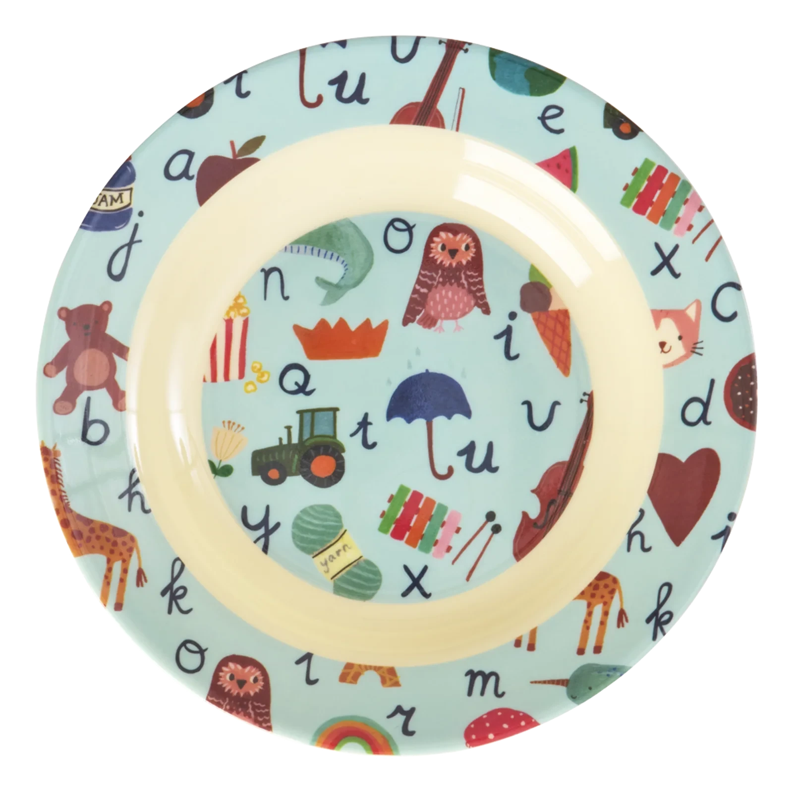 Ciotola bambini in melamina RICE ABC con fantasia colorata di lettere e animali, ideale per pappe, cereali, yogurt e pasta.