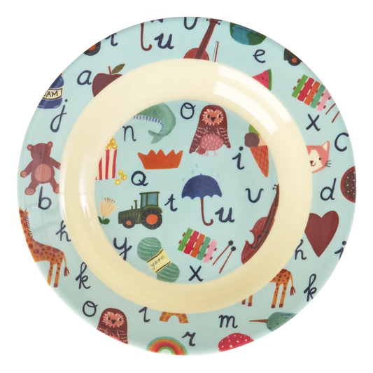 Ciotola bambini in melamina RICE ABC con fantasia colorata di lettere e animali, ideale per pappe, cereali, yogurt e pasta.