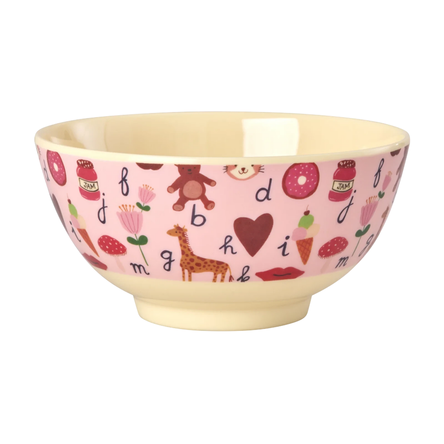 Ciotola bambini in melamina RICE ABC Rosa da 700 ml con fantasia colorata di lettere e animali, ideale per pasta, cereali, yogurt e snack.