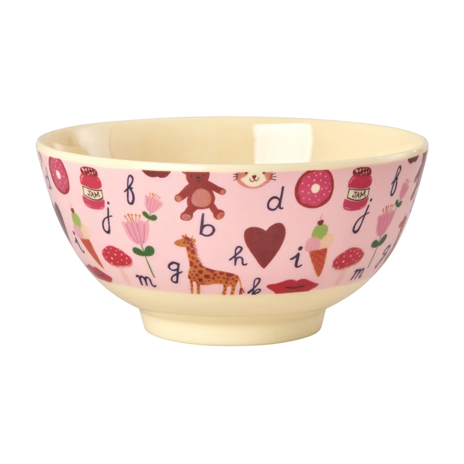 Ciotola bambini in melamina RICE ABC Rosa da 700 ml con fantasia colorata di lettere e animali, ideale per pasta, cereali, yogurt e snack.