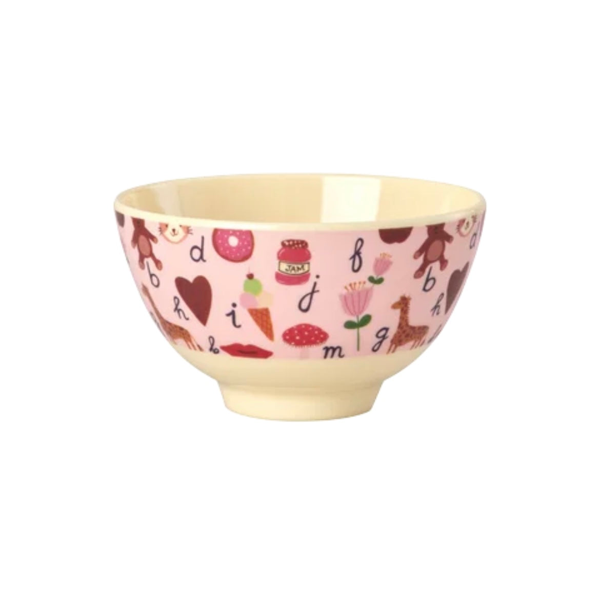 Ciotolina bambini in melamina RICE ABC Rosa da 300 ml con fantasia colorata di lettere e animali, ideale per pappe, yogurt, cereali e snack.