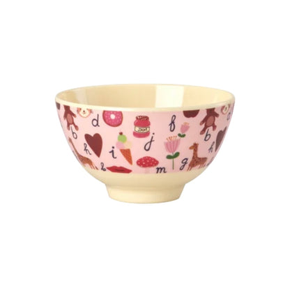 Ciotolina bambini in melamina RICE ABC Rosa da 300 ml con fantasia colorata di lettere e animali, ideale per pappe, yogurt, cereali e snack.