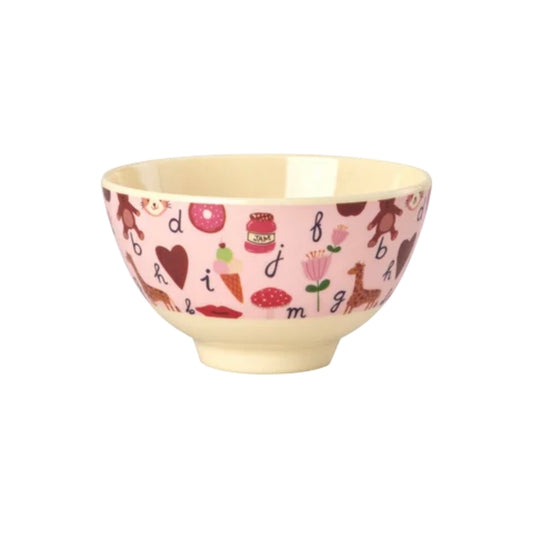 Ciotolina bambini in melamina RICE ABC Rosa da 300 ml con fantasia colorata di lettere e animali, ideale per pappe, yogurt, cereali e snack.
