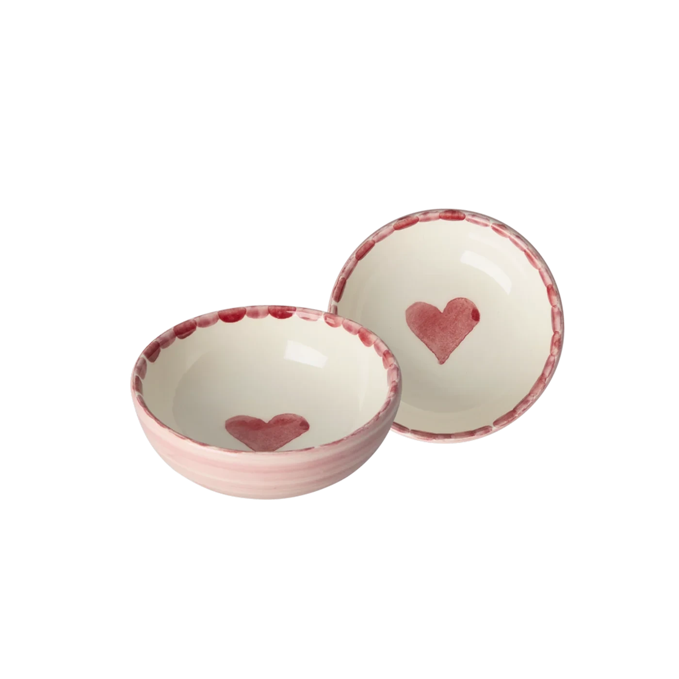 Ciotolina in ceramica Rice Denmark rosa con cuore rosso dipinto a mano, perfetta per salse, snack o come porta anelli.