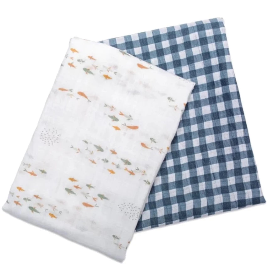 Set di 2 Copertine Swaddle 100 x 100 cm 100% Cotone - Pesci + Quadretti Navy - Apple Pie