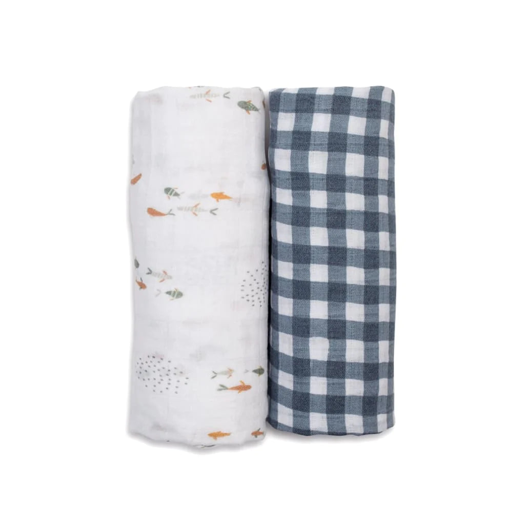 Set di 2 Copertine Swaddle 100 x 100 cm 100% Cotone - Pesci + Quadretti Navy - Apple Pie