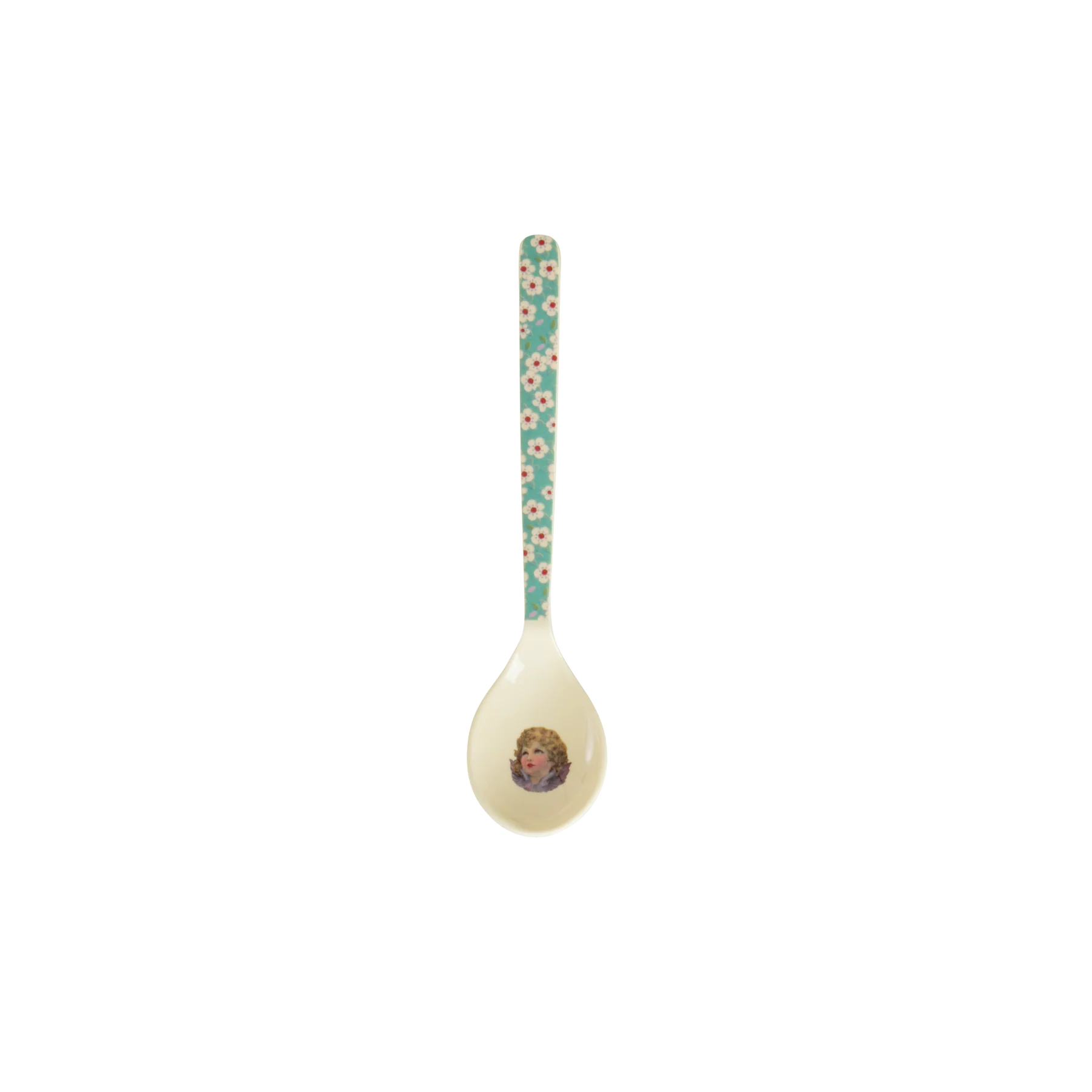 Cucchiaino in melamina RICE con stampa Angelo su sfondo bianco, 14,5 cm