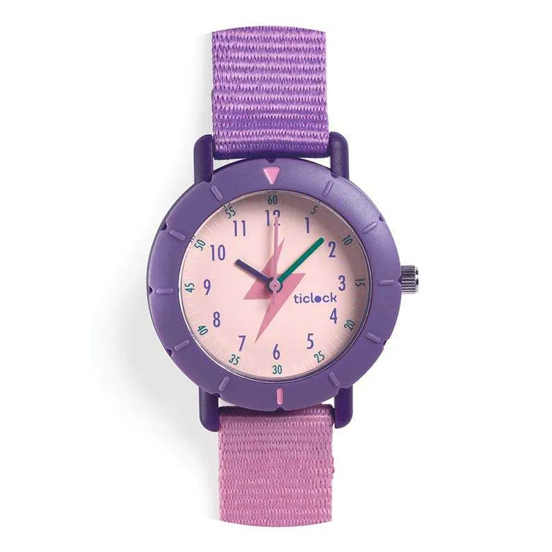 Orologio Djeco Sport Watch Purple Flash per bambini su sfondo bianco