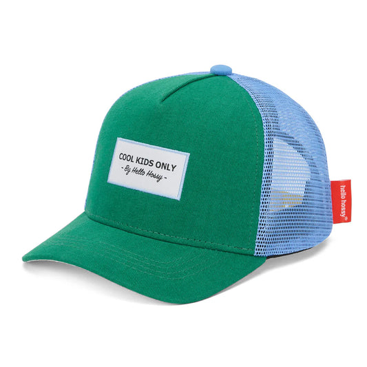 Cappellino trucker Hello Hossy Mini Lawn verde per bambino e papà con patch frontale