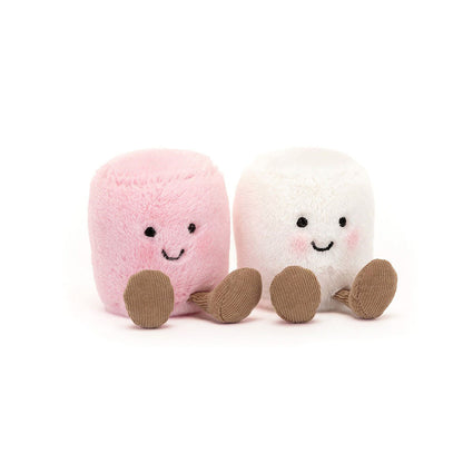 Jellycat Amuseable Marshmallows rosa e bianco, coppia di peluche originali della collezione Amuseables con stivaletti e sorrisi ricamati.
