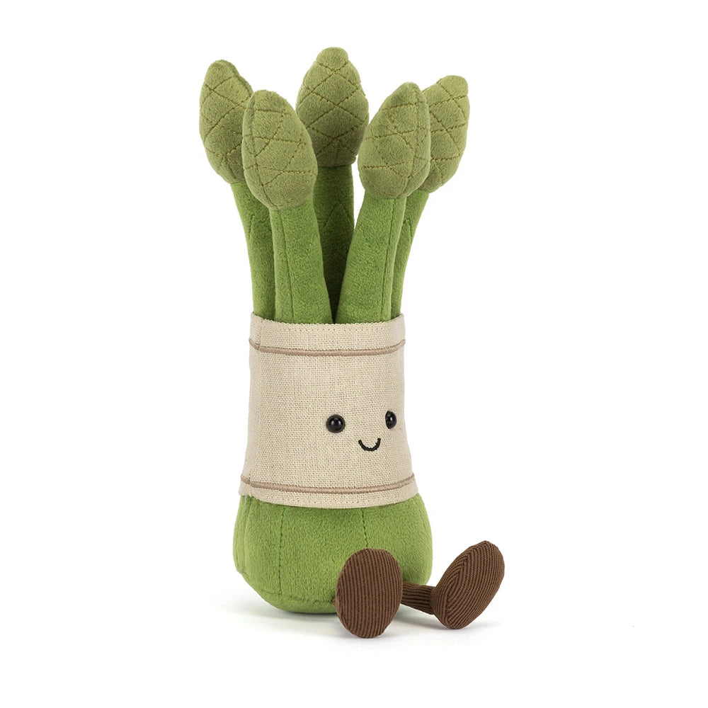 Jellycat Amuseables Asparagus asparago peluche verde morbido con sorriso su sfondo bianco