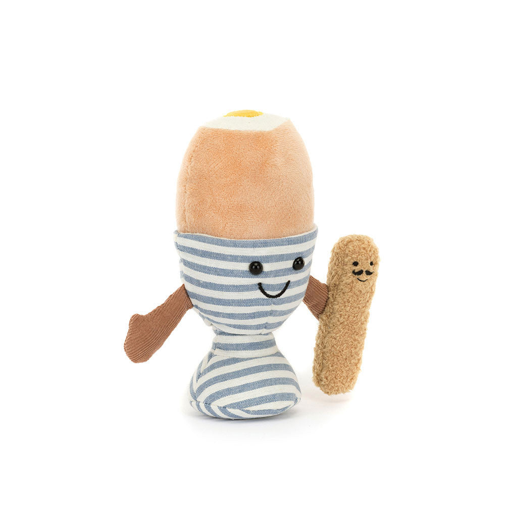 Peluche Jellycat Amuseables Eggetha Egg & Lance Soldier su sfondo bianco – uovo alla coque con grissino in tessuto morbido