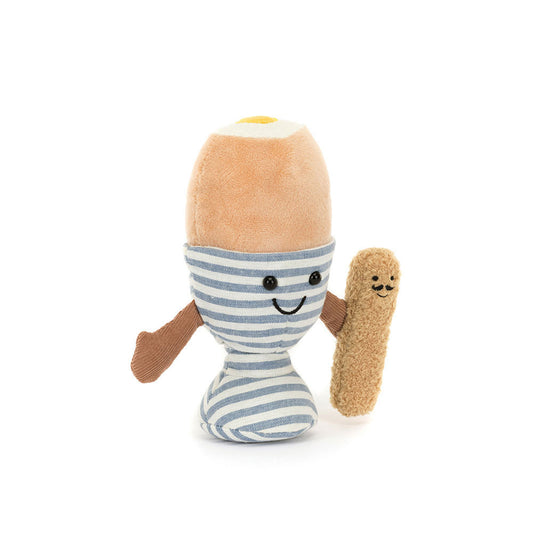 Peluche Jellycat Amuseables Eggetha Egg & Lance Soldier su sfondo bianco – uovo alla coque con grissino in tessuto morbido