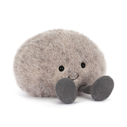 Jellycat Amuseables Pebble peluche sassolino morbido con sorriso e piedini grigi su sfondo bianco
