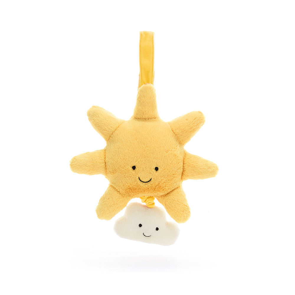 Carillon Jellycat Amuseables Sun Musical Pull fronte con sole giallo sorridente e nuvola crema