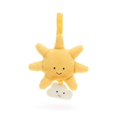 Carillon Jellycat Amuseables Sun Musical Pull fronte con sole giallo sorridente e nuvola crema
