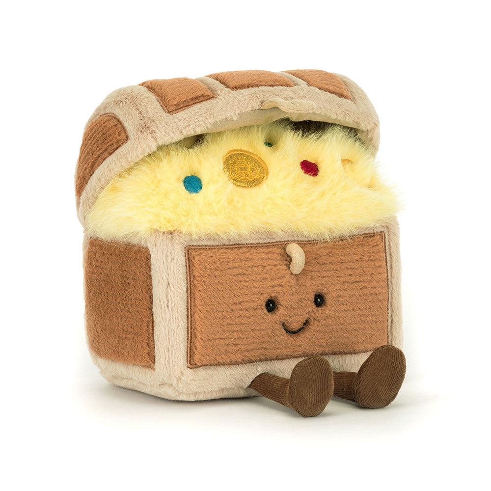 Peluche Jellycat Amuseables Treasure Chest a forma di scrigno del tesoro con maniglie dorate