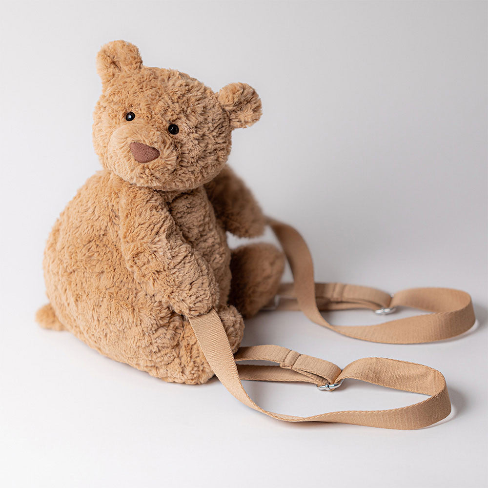 Vista laterale Jellycat Bartholomew Bear Backpack con zip e spallacci regolabili