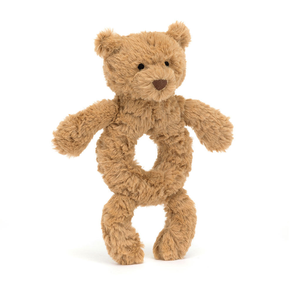 Sonaglio Jellycat Bartholomew Bear Ring Rattle fronte con pelliccia toffee