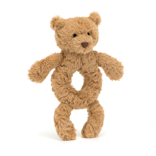 Sonaglio Jellycat Bartholomew Bear Ring Rattle fronte con pelliccia toffee