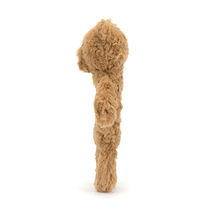 Vista laterale sonaglio Jellycat Bartholomew Bear Ring Rattle con naso cioccolato