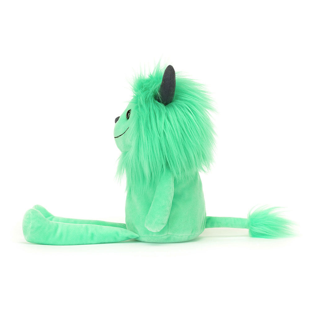 Vista laterale Jellycat Cosmo Monster peluche morbido con zampe sottili
