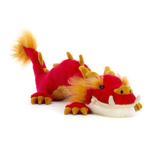 Vista laterale Jellycat Festival Dragon peluche drago rosso e oro con barba soffice
