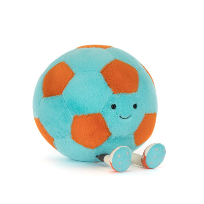 Jellycat Football palla da calcio peluche blu e arancione morbida su sfondo bianco