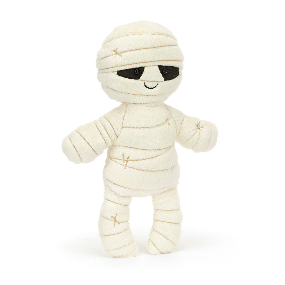 Peluche Jellycat Mummy Bob mummia bianca con occhi rigidi e sorriso tenero