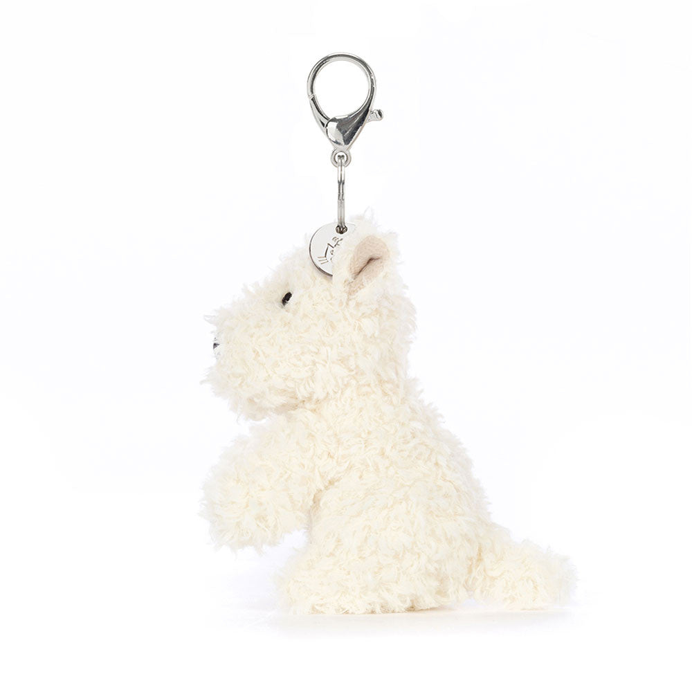 Vista laterale portachiavi Jellycat Munro cagnolino Scottie con clip argentata