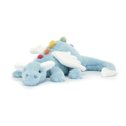 Jellycat Sky Dragon peluche drago originale con ali azzurre, corpo lungo e morbidissimo, adatto dalla nascita