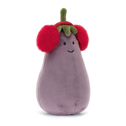 Peluche Jellycat Toastie Vivacious Red Aubergine con cuffie rosse e fogliolina verde