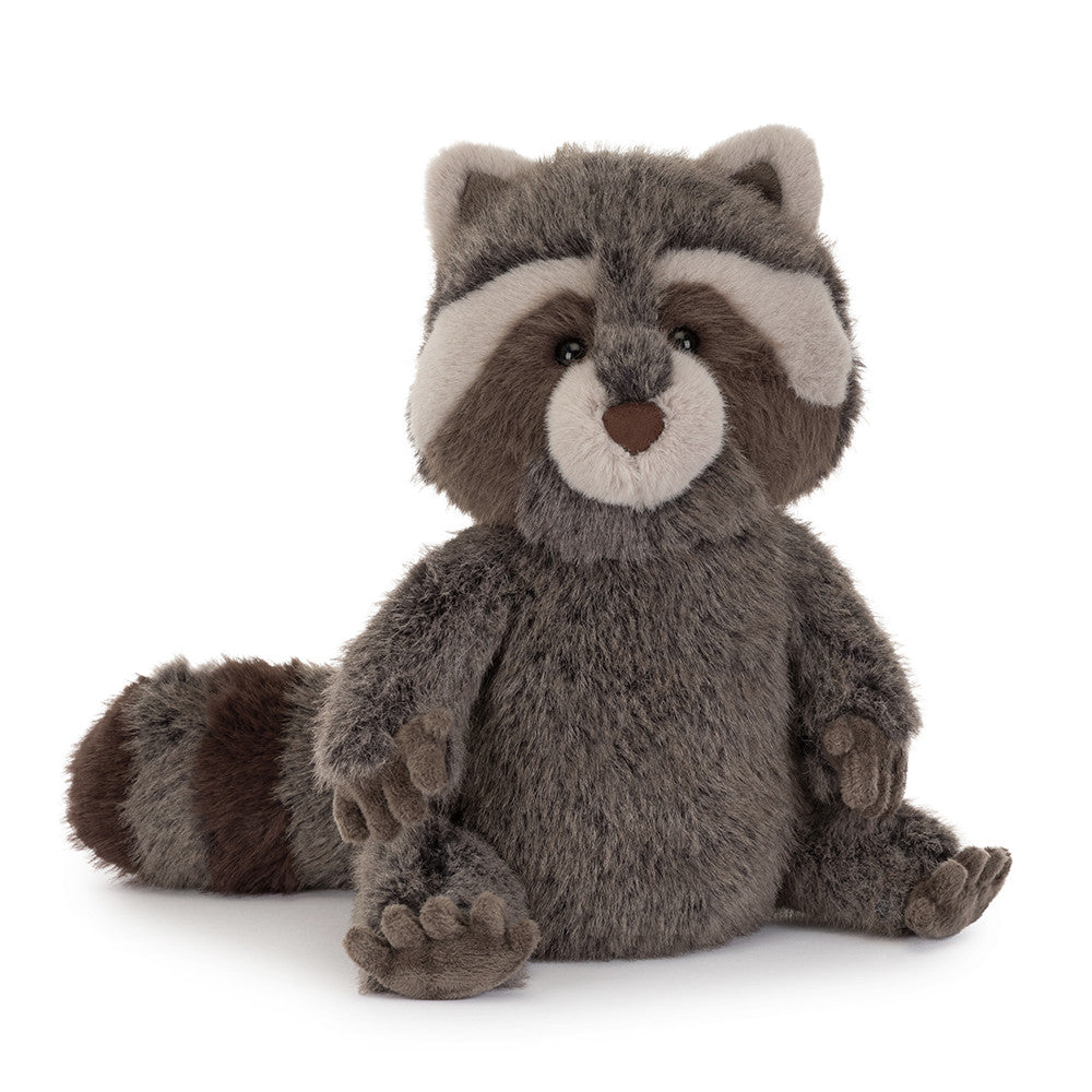 Jellycat Trixiwoo Raccoon, morbidissimo procione di peluche originale con lunga coda a righe e mascherina nera.