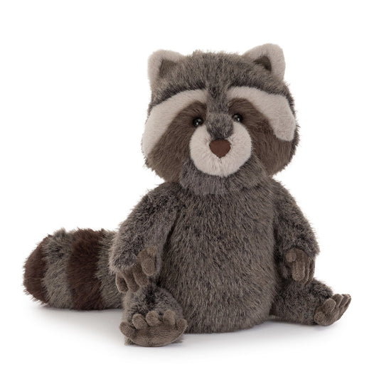 Jellycat Trixiwoo Raccoon, morbidissimo procione di peluche originale con lunga coda a righe e mascherina nera.