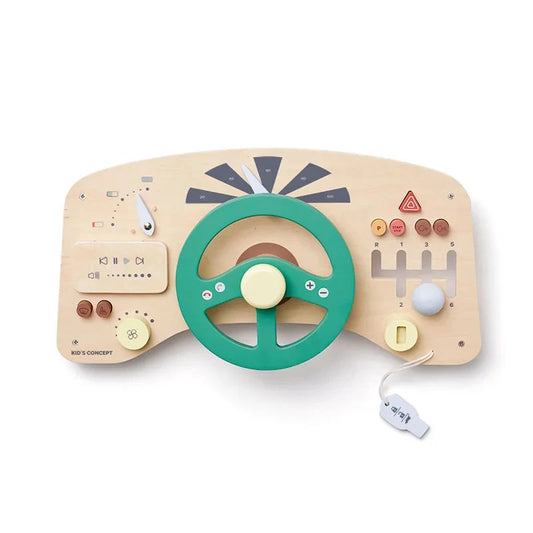 Activity board auto in legno FSC con volante e dettagli interattivi per bambini 18+ mesi