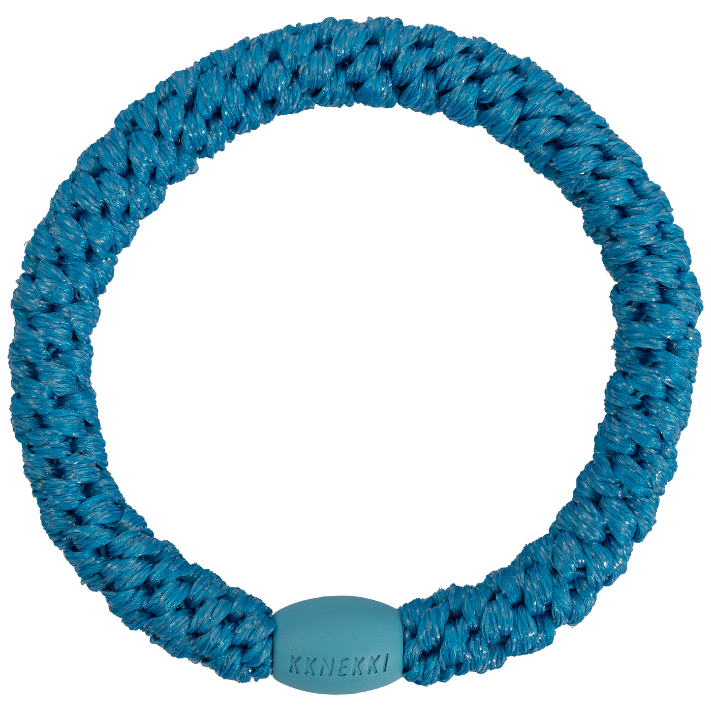 Kknekki Azure Blue Glitter originale, elastico per capelli intrecciato azzurro con riflessi glitter che può essere indossato anche come braccialetto.