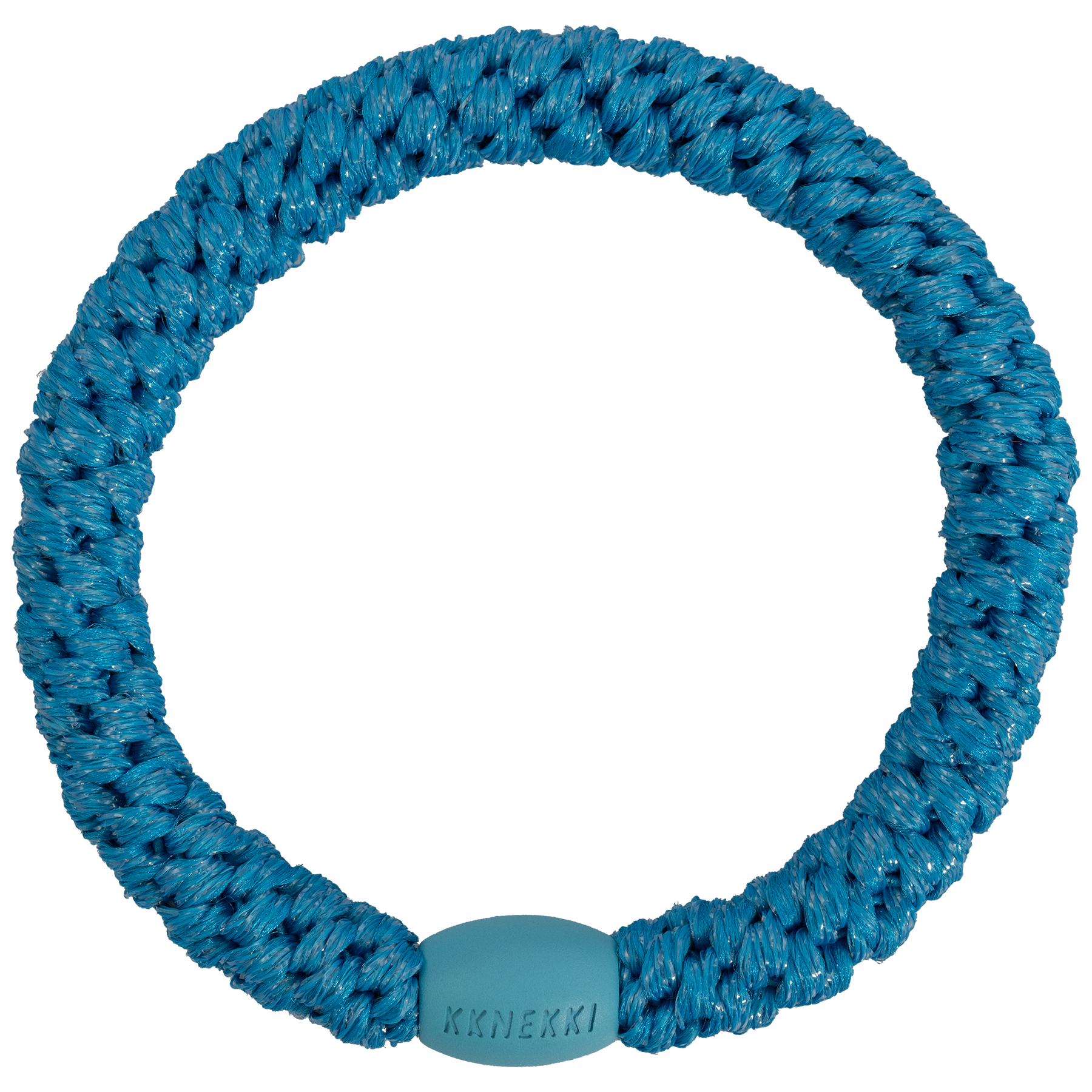 Kknekki Azure Blue Glitter originale, elastico per capelli intrecciato azzurro con riflessi glitter che può essere indossato anche come braccialetto.