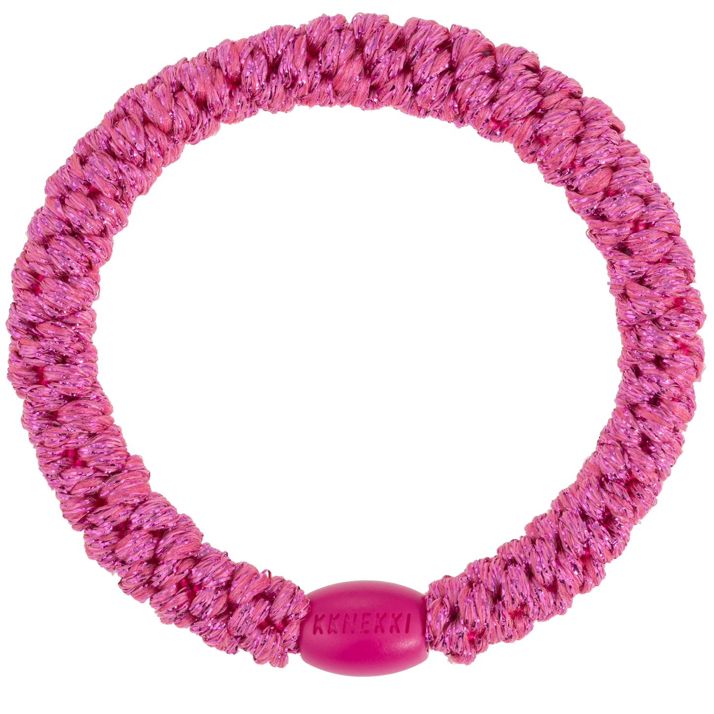 Kknekki Strong Pink Glitter originale, elastico per capelli intrecciato rosa brillante con fili glitter che può essere indossato anche come braccialetto.
