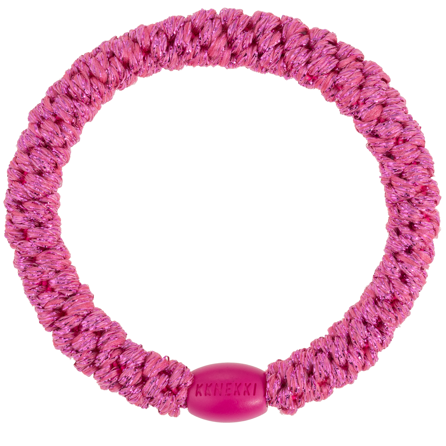 Kknekki Strong Pink Glitter originale, elastico per capelli intrecciato rosa brillante con fili glitter che può essere indossato anche come braccialetto.