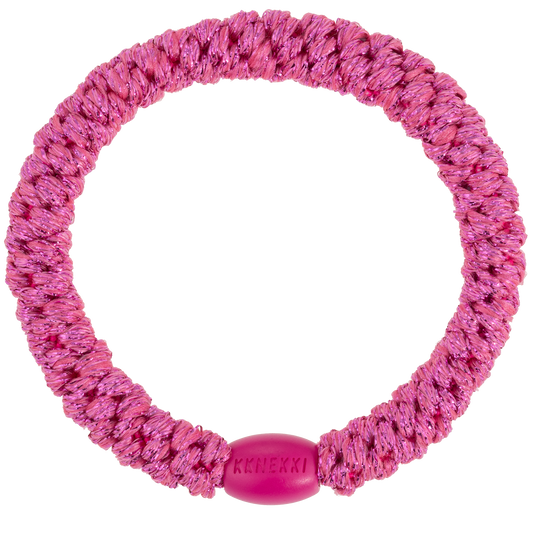 Kknekki Strong Pink Glitter originale, elastico per capelli intrecciato rosa brillante con fili glitter che può essere indossato anche come braccialetto.
