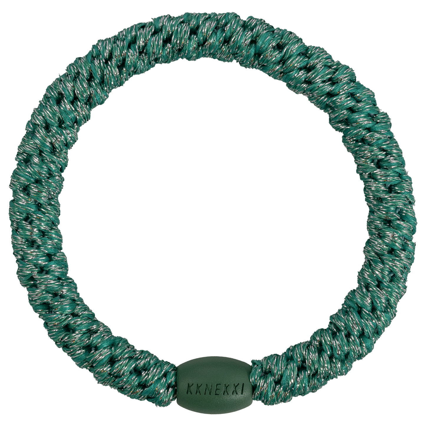 Kknekki Turkish Glitter originale, elastico per capelli intrecciato verde smeraldo con riflessi glitter che può essere indossato anche come braccialetto.