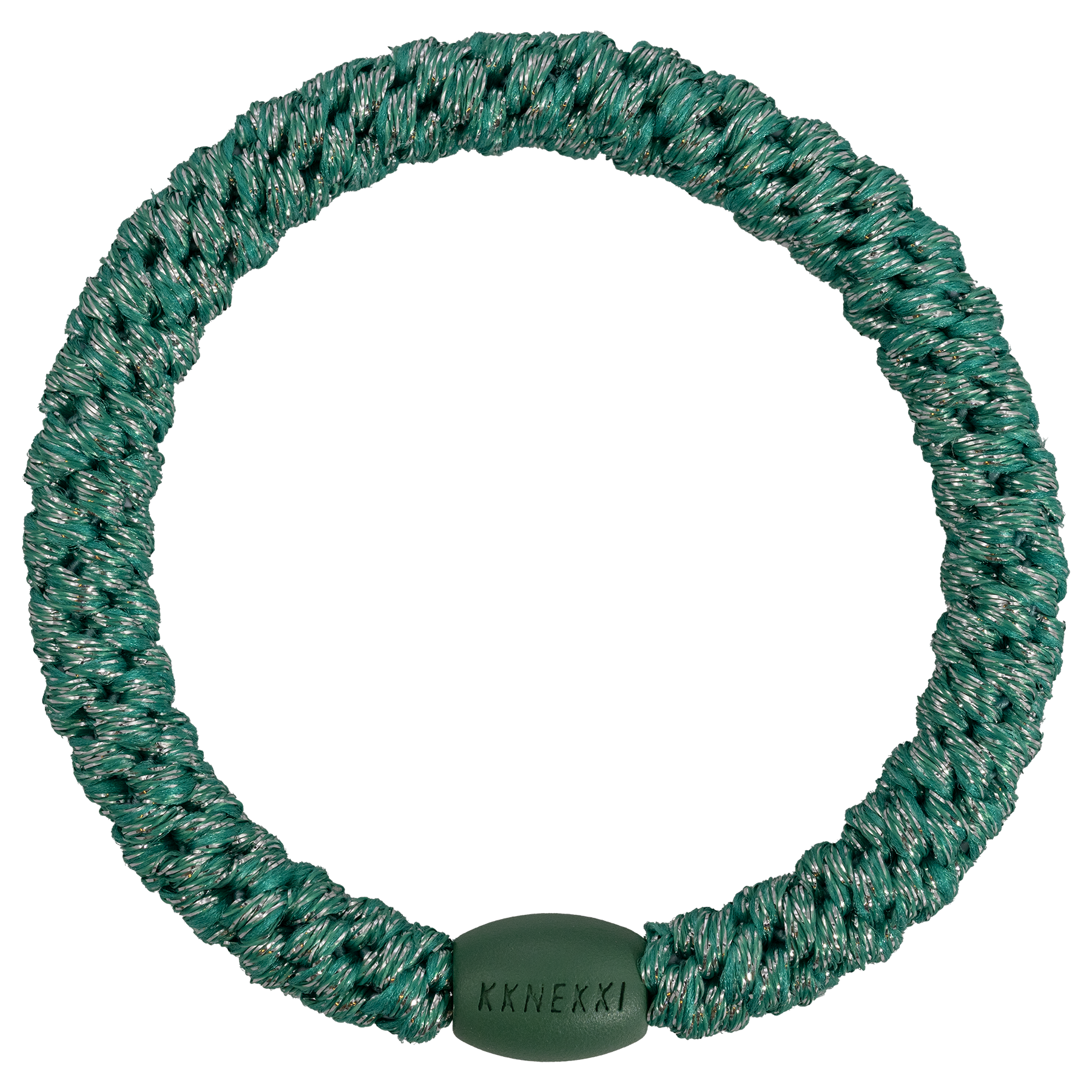 Kknekki Turkish Glitter originale, elastico per capelli intrecciato verde smeraldo con riflessi glitter che può essere indossato anche come braccialetto.