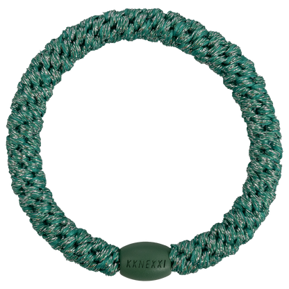 Kknekki Turkish Glitter originale, elastico per capelli intrecciato verde smeraldo con riflessi glitter che può essere indossato anche come braccialetto.