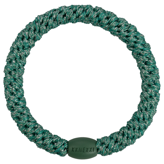 Kknekki Turkish Glitter originale, elastico per capelli intrecciato verde smeraldo con riflessi glitter che può essere indossato anche come braccialetto.