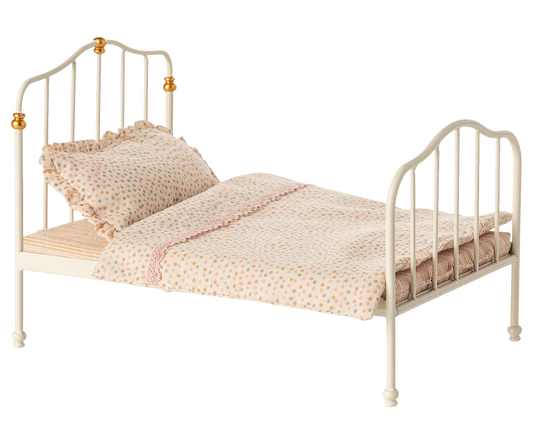 Letto vintage Maileg panna in metallo con biancheria stampata per topolini grandi