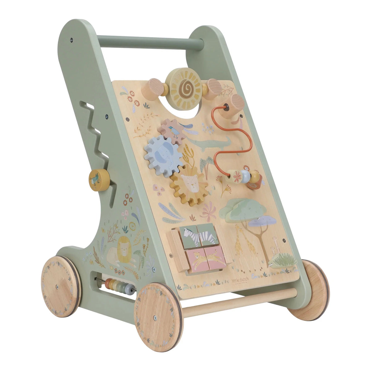 Carrellino primi passi multiattività Little Dutch Safari Friends verde in legno con giochi, ingranaggi e ruote in gomma LD7432