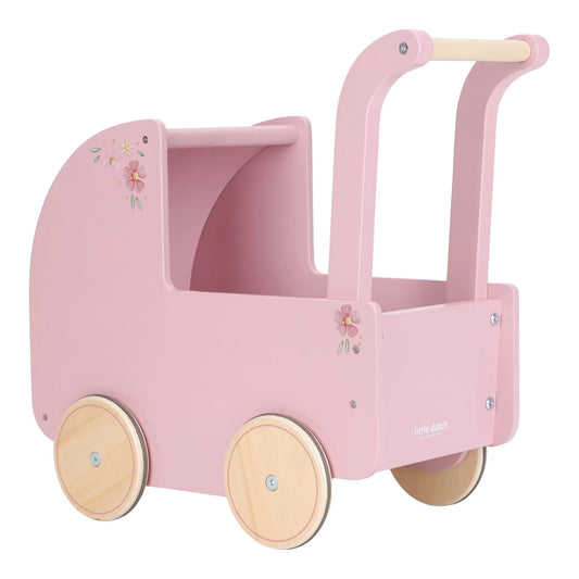 Passeggino in legno rosa Little Dutch Soft Flowers con copertina e cuscino