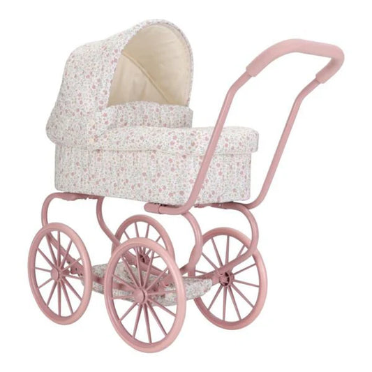 Carrozzina per bambole Little Dutch Soft Flowers rosa con ruote grandi e cestino