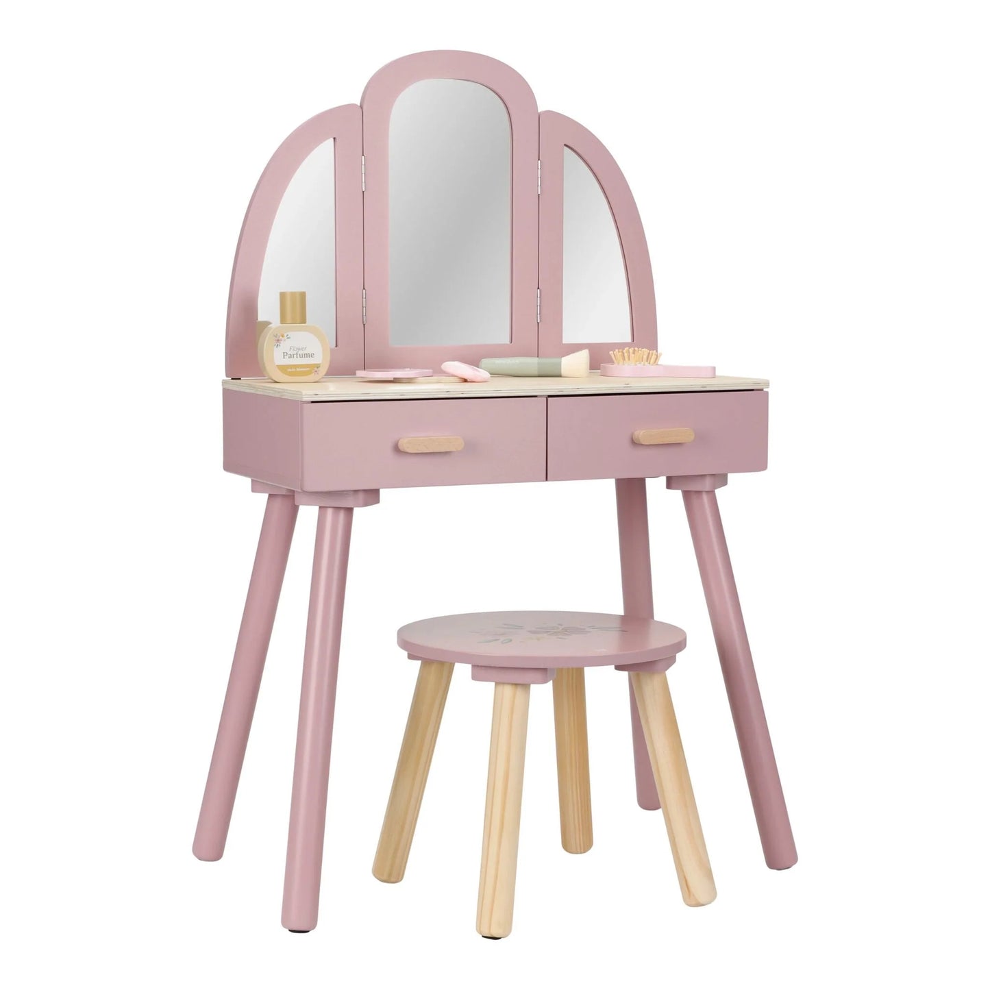 Tavolino trucco in legno rosa Little Dutch con specchio e accessori