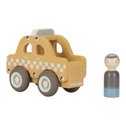 Taxi in legno gialla Little Dutch con ruote in gomma e autista